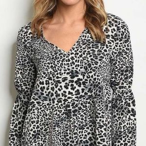 Gray V NECK BUBBLE SLEEVE ANIMAL PRINT TOP